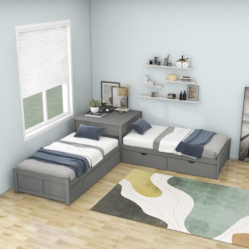 Twin Size L Shaped Platform Bed with Trundle and Two Drawers Latitude Run Color Gray